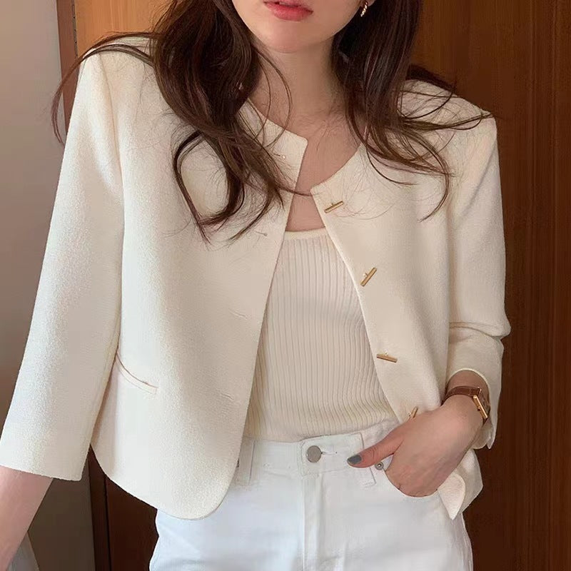 Chic Minimalist French Style Temperament Round Neck Single-breasted Loose Casual All-match Long Sleeve Short Coat