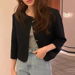 Chic Minimalist French Style Temperament Round Neck Single-breasted Loose Casual All-match Long Sleeve Short Coat