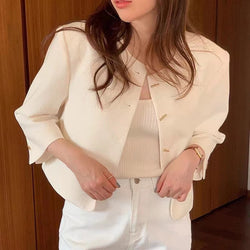 Chic Minimalist French Style Temperament Round Neck Single-breasted Loose Casual All-match Long Sleeve Short Coat