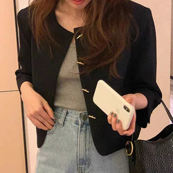 Chic Minimalist French Style Temperament Round Neck Single-breasted Loose Casual All-match Long Sleeve Short Coat