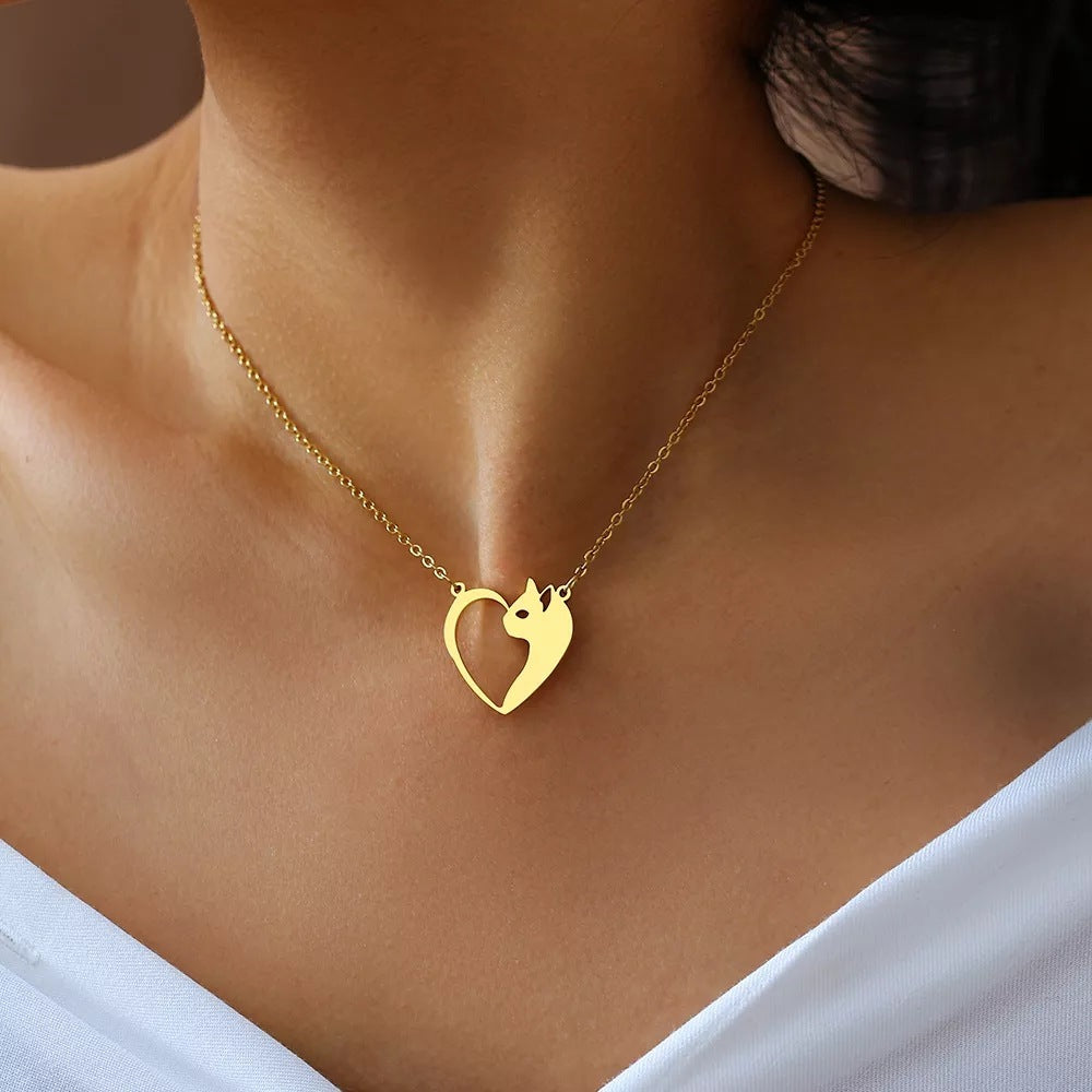 Women's Fashion Jewelry Stainless Steel Necklaces Heart Cat Hollow Pendant Choker Clavicle Chain Charm Fashion Necklaces For Women Jewelry Girls Gifts