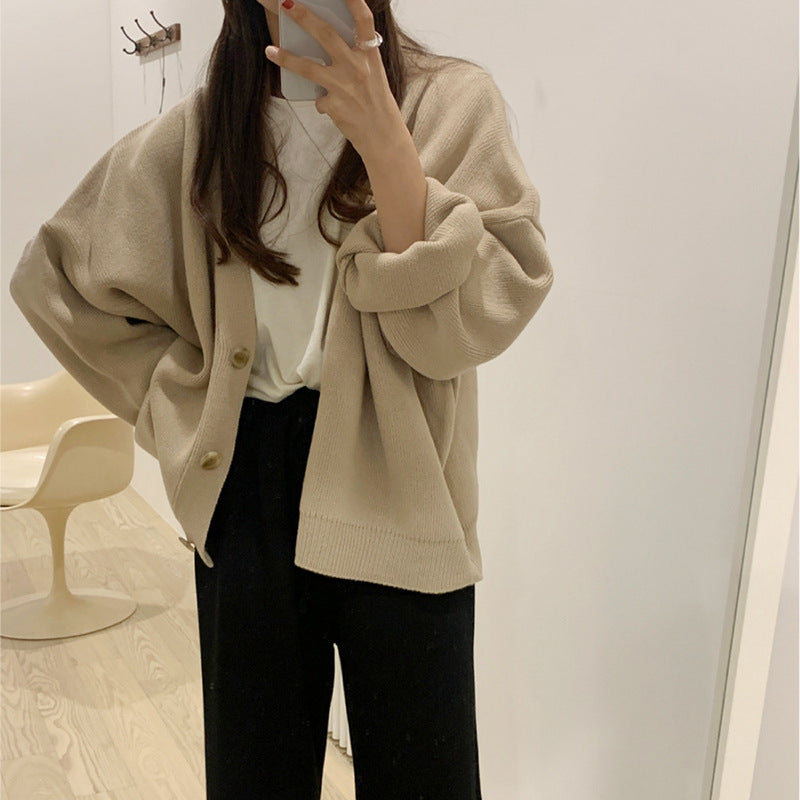 Loose Lazy Style Casual Korean Chic Long-sleeved Knitted Cardigan