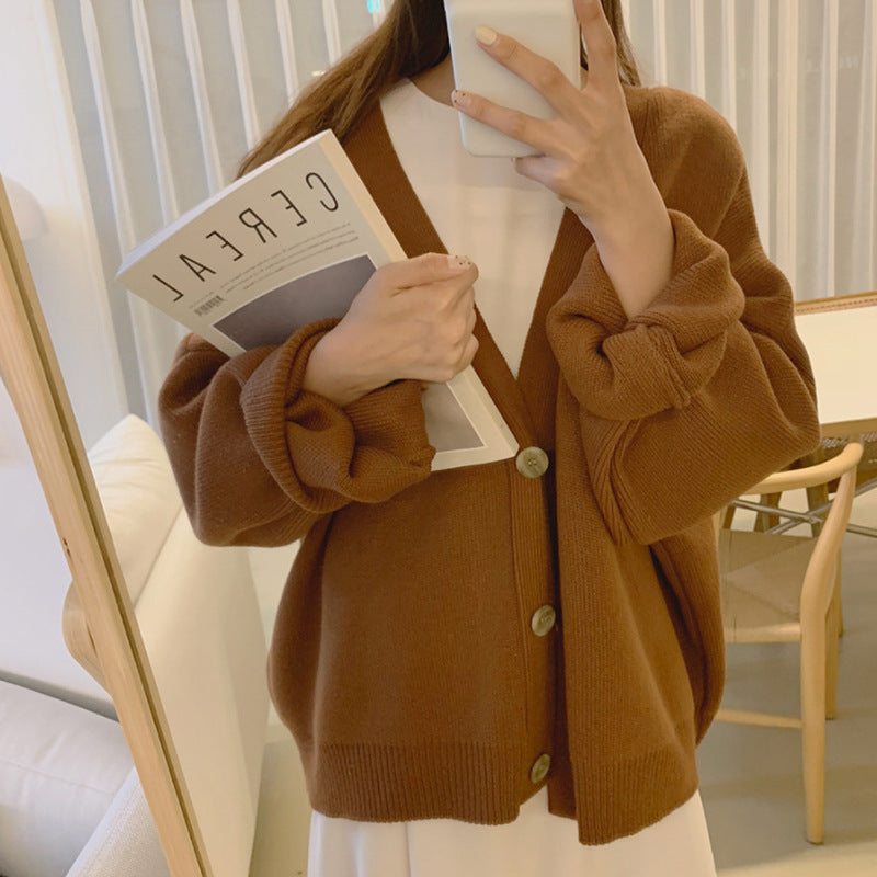 Loose Lazy Style Casual Korean Chic Long-sleeved Knitted Cardigan